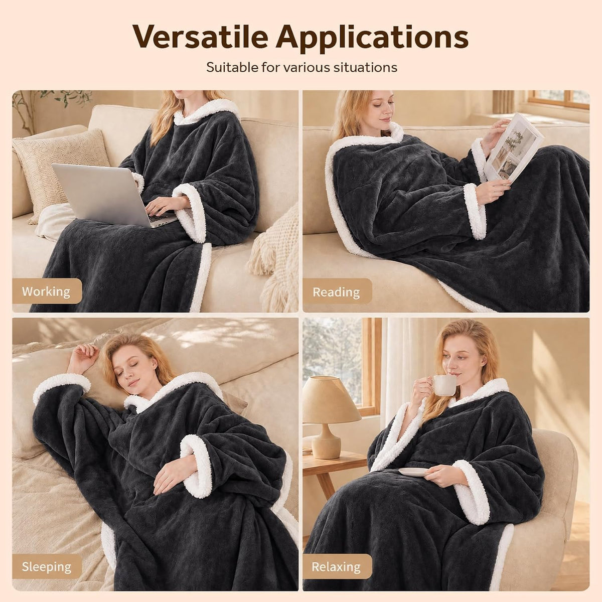Wearable Heated Blanket with Foot Pocket Sherpa 50X70+18 Grey