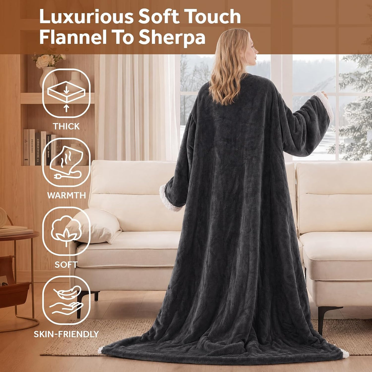 Wearable Heated Blanket with Foot Pocket Sherpa 50X70+18 Grey