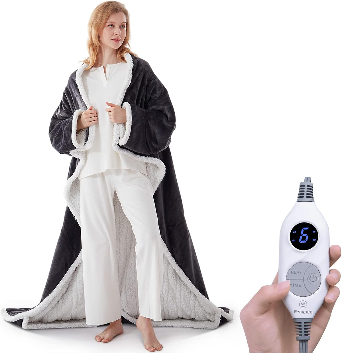Wearable Heated Blanket with Foot Pocket Sherpa 50X70+18 Grey