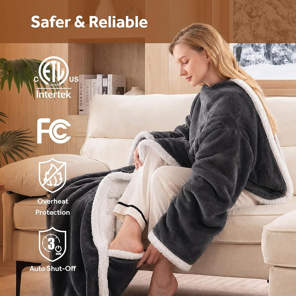 Wearable Heated Blanket with Foot Pocket Sherpa 50X70+18 Grey