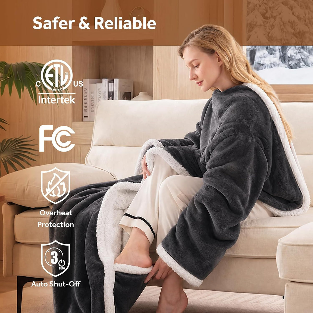 Wearable Heated Blanket with Foot Pocket Sherpa 50X70+18 Grey