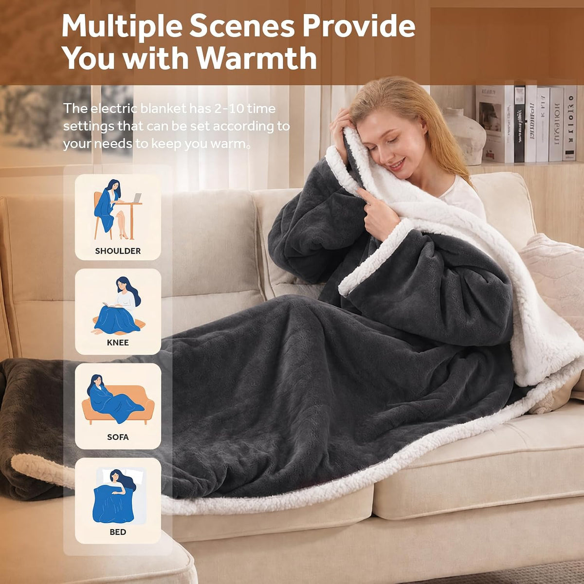 Wearable Heated Blanket with Foot Pocket Sherpa 50X70+18 Grey